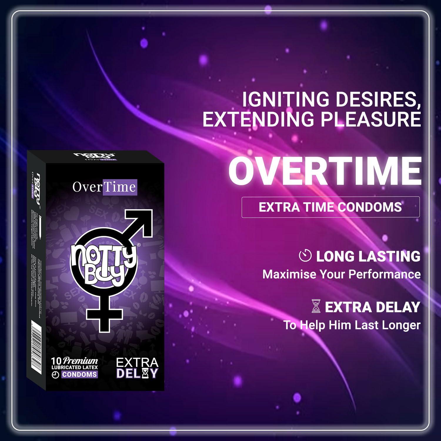 NOTTY BOY NOTTY BOY Overtime Extra Delay Condoms For Men -Pack Of 3, 30 Pieces | Longer Duration, Long Lasting | Performance Enhancing and Standard Fit, Natural Rubber Latex