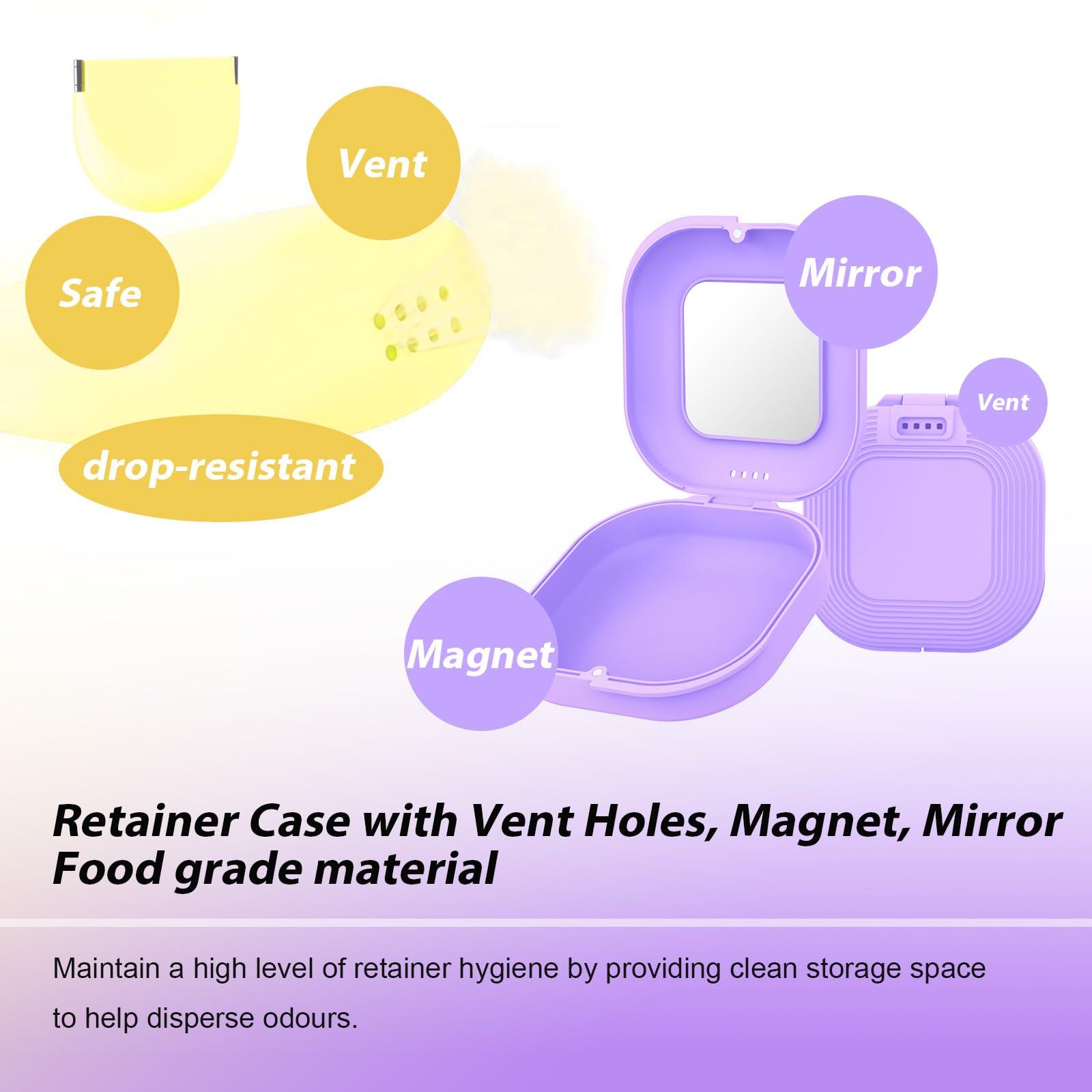 XDLHWP XDLHWP Retainer Case with Vent Holes, Silicone Slim Cute Retainer Holder Compatible with Invisalign, Night Mouth Guard Case, with Lanyard, Retainer Remover Tool Chew Brush, Yellow+Purple(2 Pack)