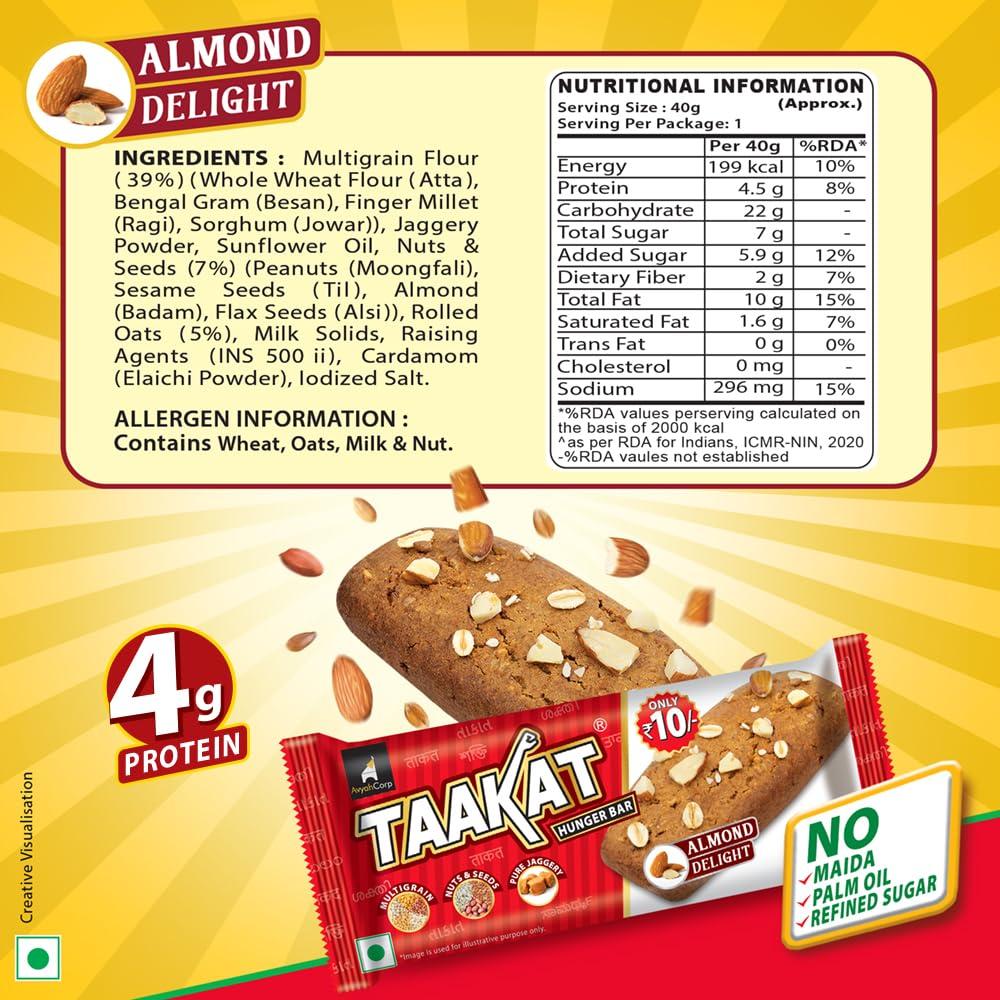 Taakat Hunger Bar Taakat Hunger Bar - Assorted Box of 20 bars (10 bars of Almond Delight, 5 bars of Namkeen Masti and 5 bars of Crunchy Coconut) | Multigrain | Nuts & Seeds | Pure Jaggery | Source of Protein & Fiber | No Maida | No Palm Oil | No Refined Sugar | Baked