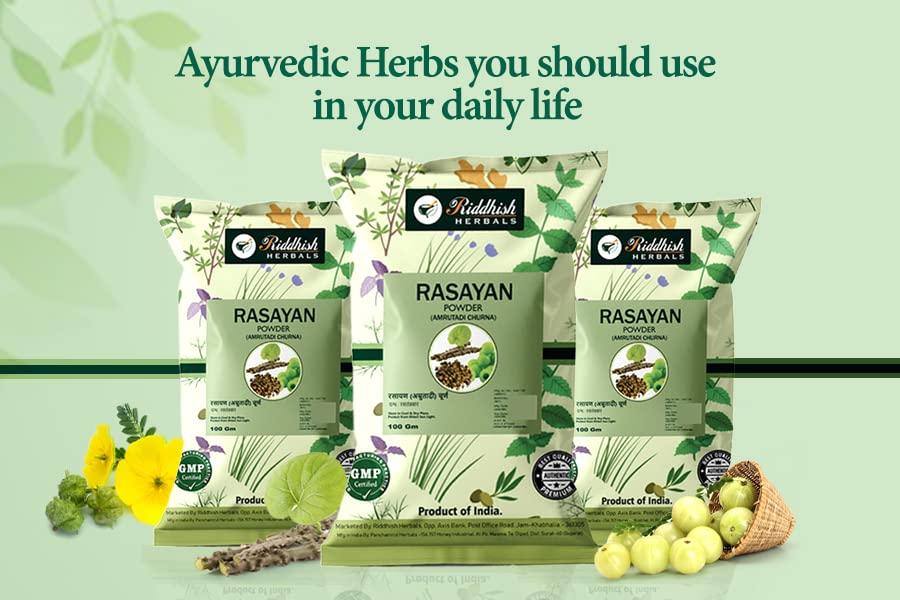 Riddhish HERBALS Riddhish Herbals Organic Rasayan Churna (Amrutadi Churna) - COMBINATION OF Guduchi (Giloy) Gokshura Amla Ayurvedic Powder For Digestion, Immunity Booster - 100gm Each (Pack of 4)