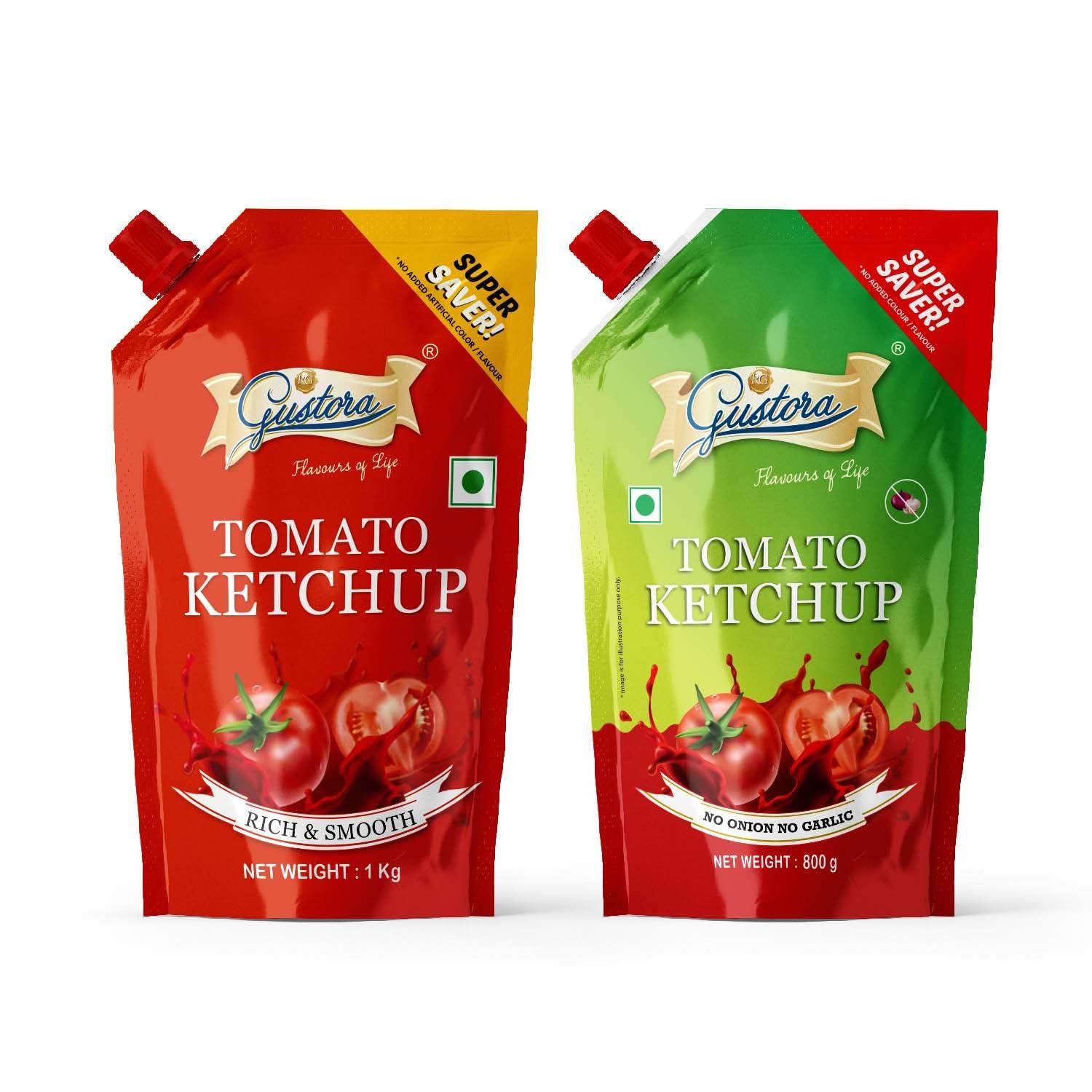Gustora Gustora Real & Natural Tomato Ketchup I Super Saver Combo I Rich & Smooth I Vegetarian I No Onion No Garlic Jain Tomato Ketchup (950 gm) I No Preservatives & Artificial Color (1.95 Kg)