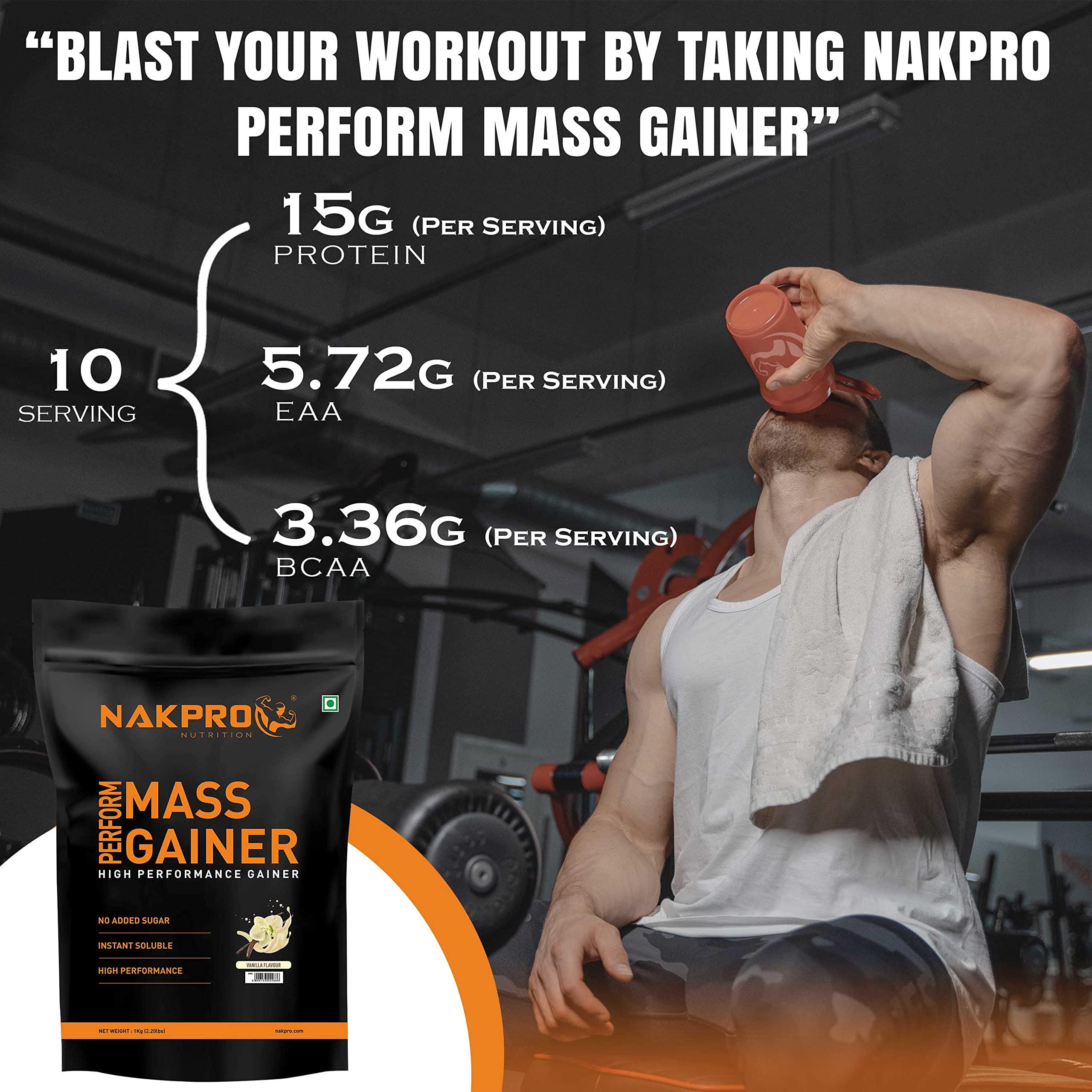NAKPRO NAKPRO PERFORM MASS GAINER | High Protein & High Calorie | 15g Protein, 3.3g BCAA | Added Vitamins & Minerals | Easy Mixing, Easy Digesting Mass Gainer Powder for Men & Women | 1 Kg Vanilla Flavour (10 Servings)