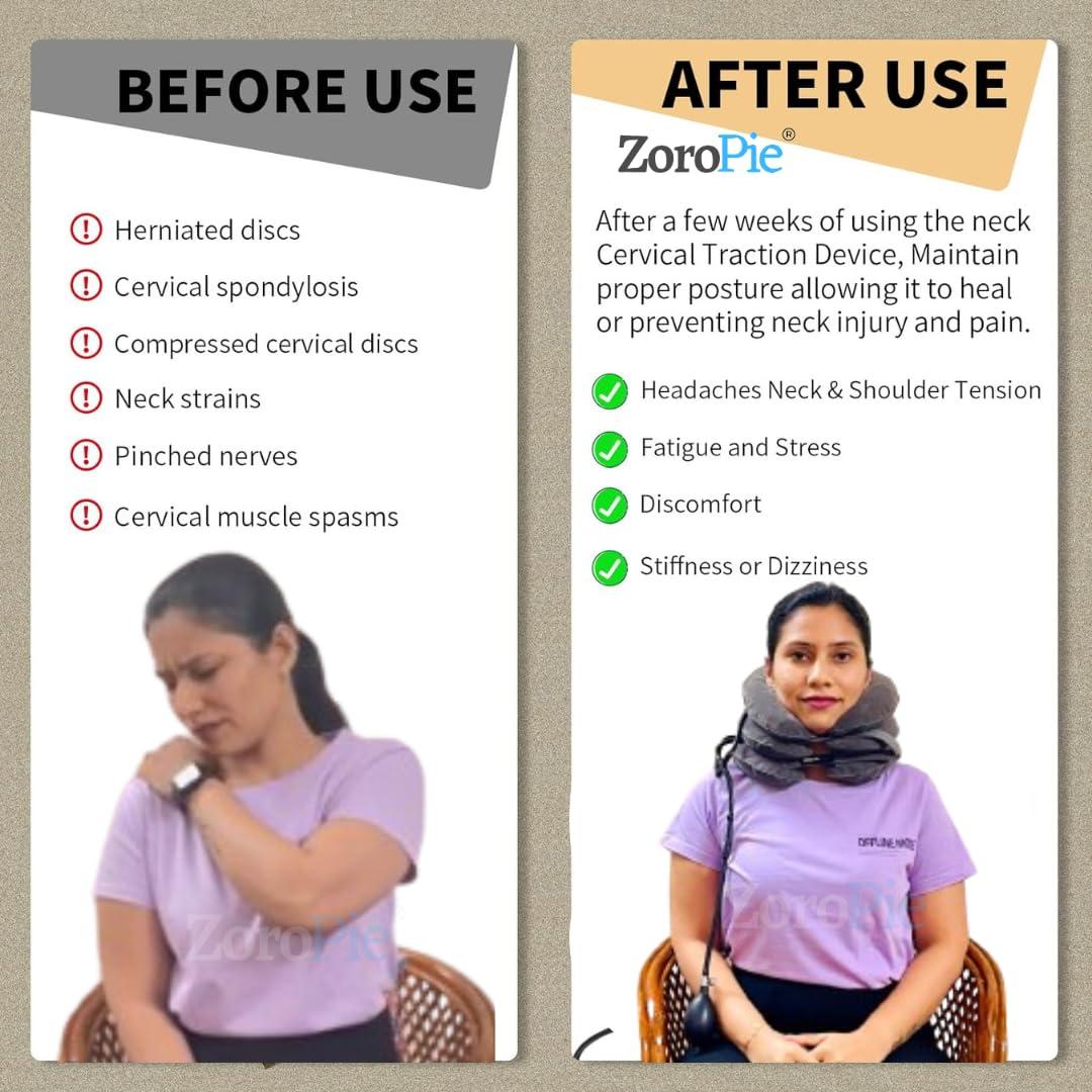 Zoropie Zoropie Cervical Neck Traction Device - One Size Fits All Necks - India Owned Registered - Relief for Chronic Neck & Shoulder Alignment Pain - Inflatable Neck Stretcher Collar for Home Relief