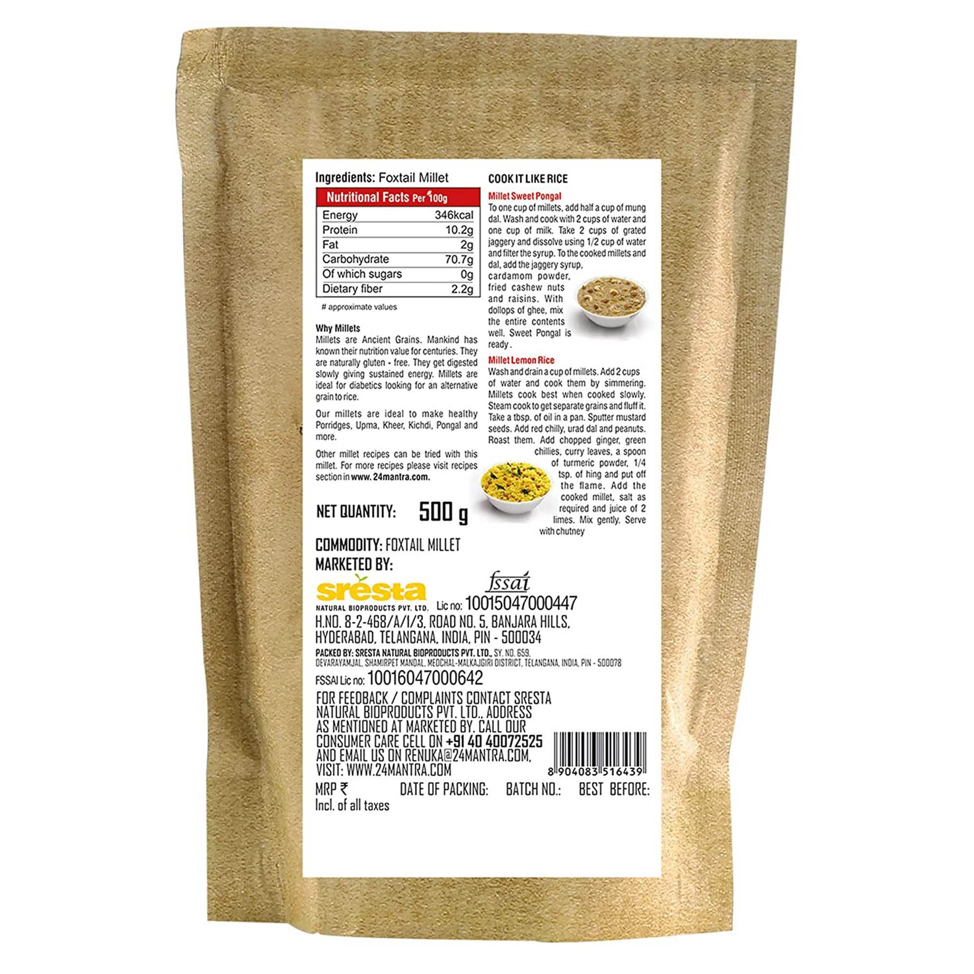24 Mantra Organic 24 Mantra Organic Unpolished Foxtail Millet, LOW G.I Kangni, Naturally Gluten Free