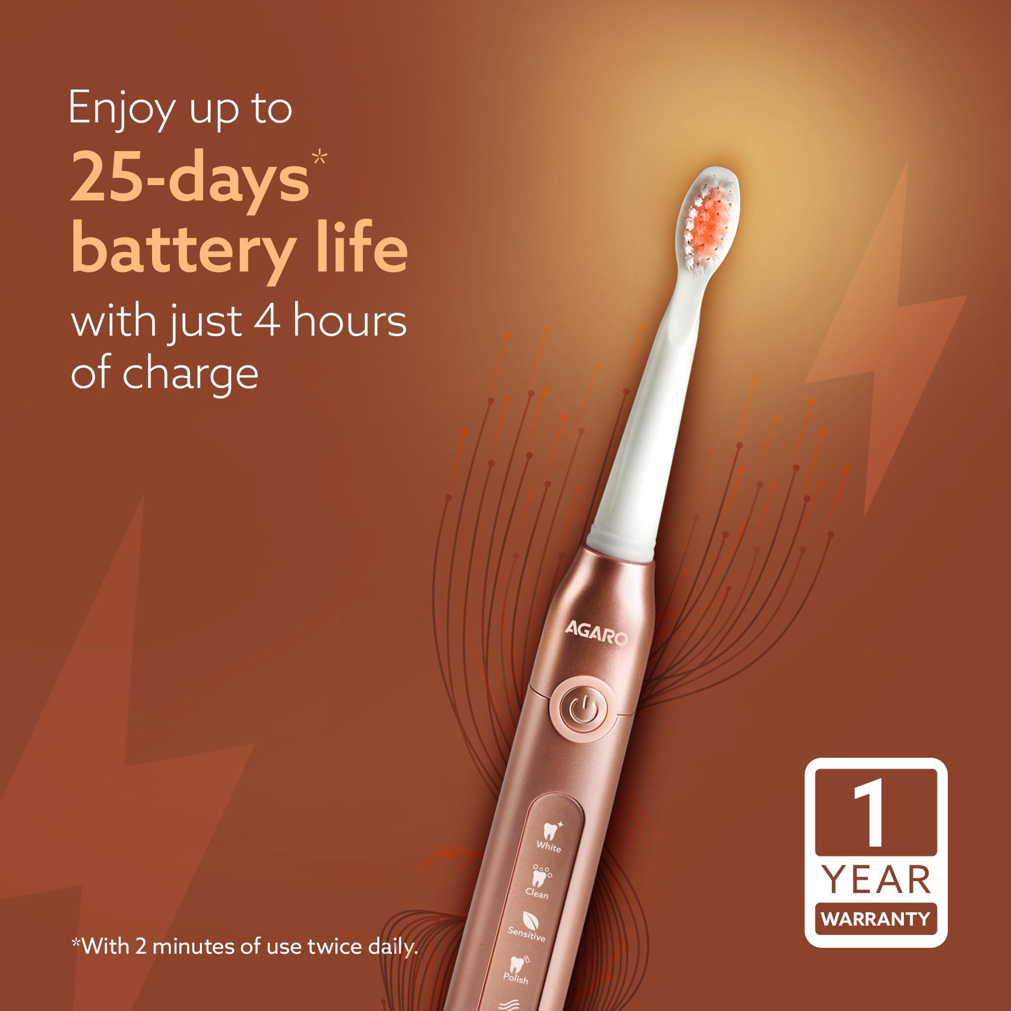 AGARO AGARO Cosmic Plus Sonic Electric Tooth Brush for Adults with 5 Modes, 5 Brush Heads, 1 Interdental Head, Carry Case & Rechargeable with 4 Hours Charge Lasting Up to 25 Days,Power Toothbrush(Rosegold)