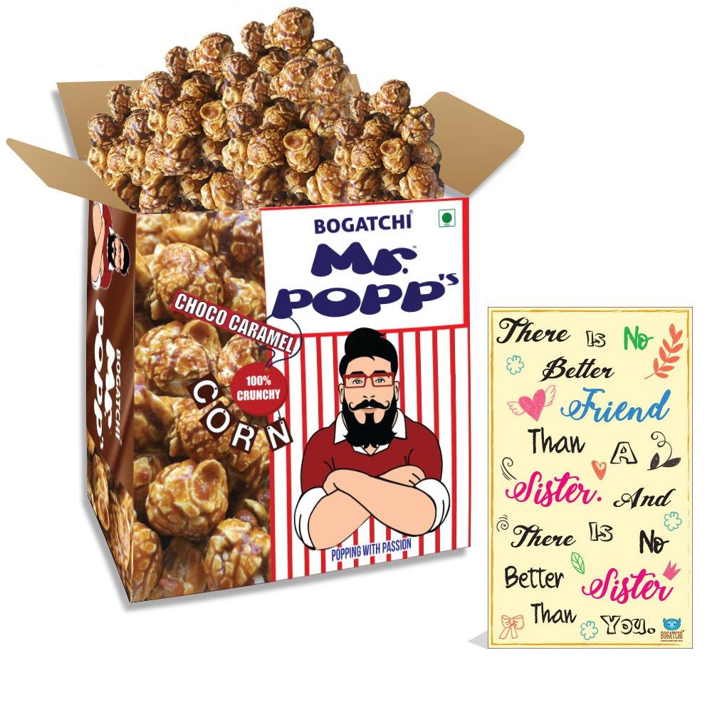 BOGATCHI BOGATCHI Mr.POPP's Dark Chocolate Popcorn, 100% Crunchy Mushroom Popped Kernels, Handcrafted Gourmet Popcorn, Perfect Rakhi Gift for Girl , 375g + Free Happy Rakhi Greeting Card