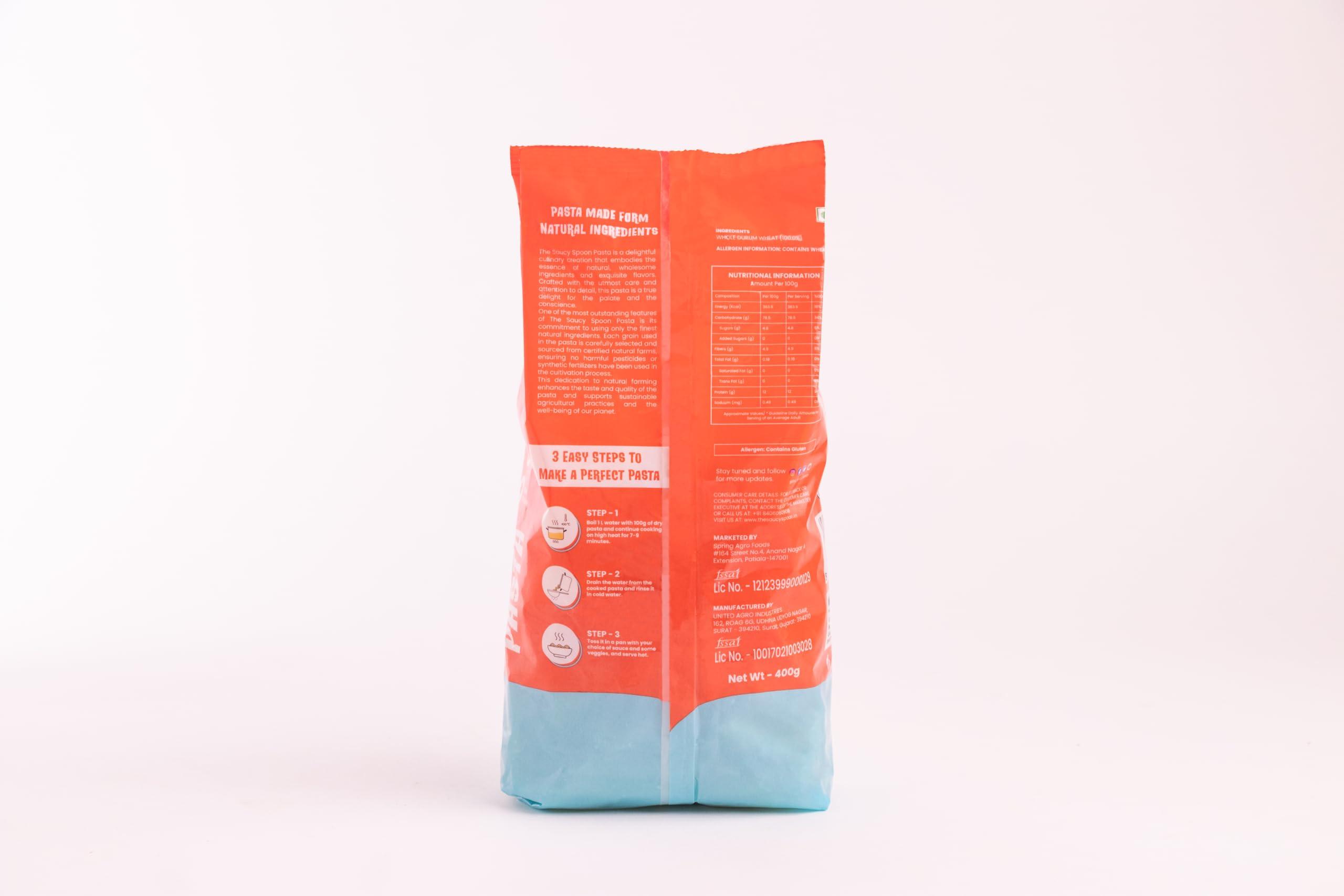 The Saucy Spoon The Saucy Spoon - Combo Penne & Fusilli Pasta | 100% Durum Wheat Low in Calories Healthy Cooked | No Chemical & Preservatives | Quality Ingredients High Protein & Fibre Vegan - 400g x 2