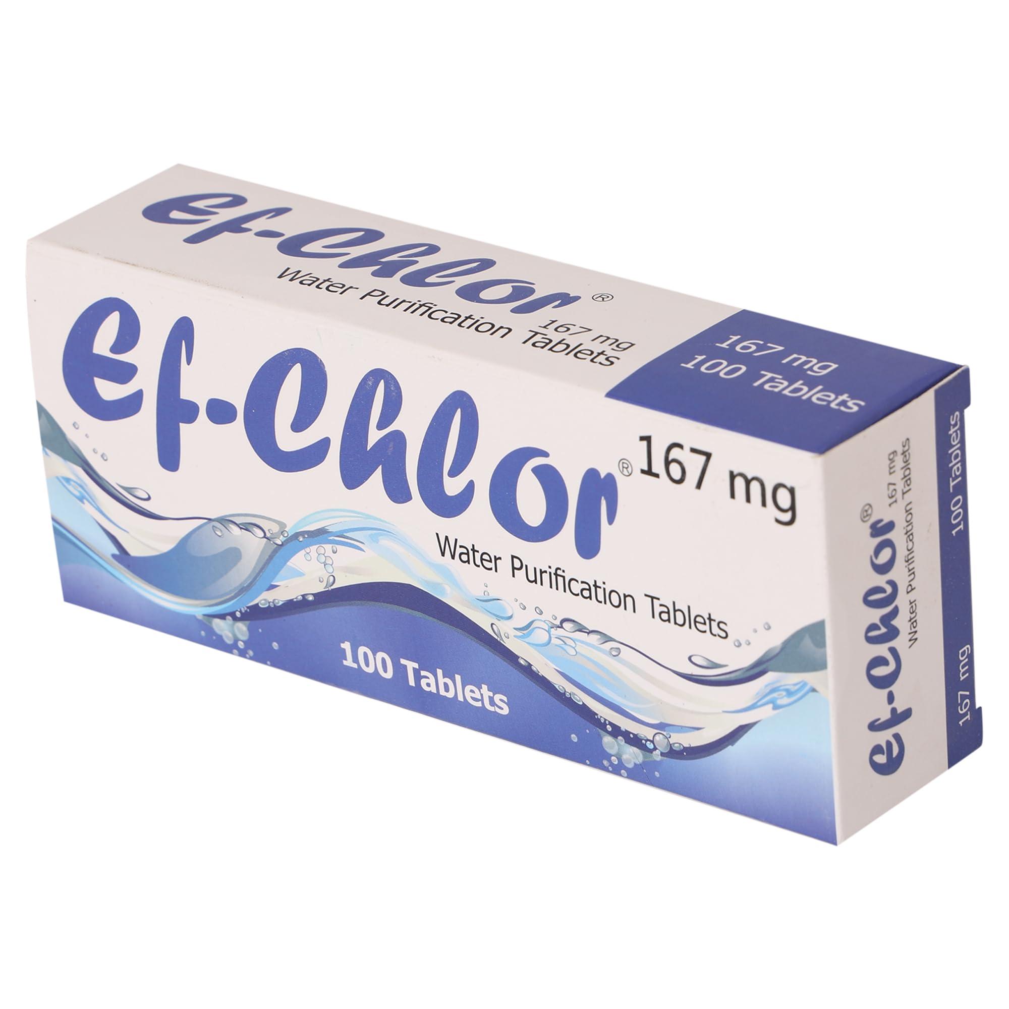 Ef-Chlor Ef-Chlor 167 mg Water Purification Tablets/NaDCC Tablet / 100 Tablets Pack/Rapidly Effective Against Bacteria, Viruses, and Spores/Purifies 20 Liters of Drinking Water per tablet