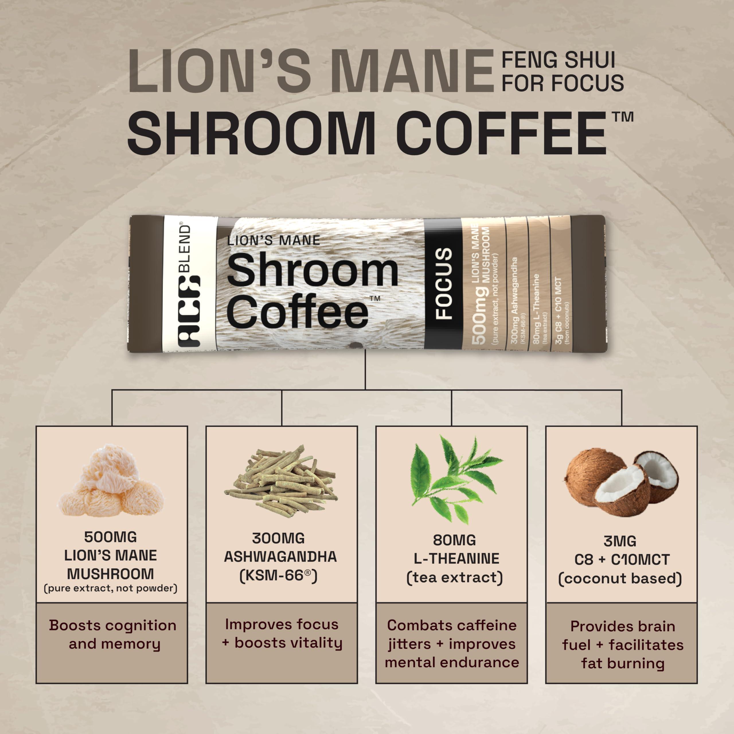 Ace Blend Ace Blend Lions Mane SHROOM COFFEE | 30 serves | Mushroom Coffee | KSM 66 Ashwagandha | L-Theanine | MCT | Focus | Memory | 100% Arabica | Instant Black Coffee | Keto | Cold/Hot Brew
