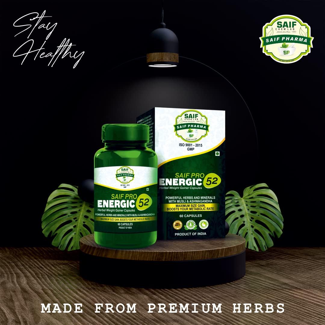 PLEASURE HUNT PLEASURE HUNT Saif Pro Energic 52 Herbal Weight Gainer Capsule For Fast Weight & Muscle Gain, Daily Muscle Building, Supplement For Muscle Growth, Stamina & Strength, For Men & Women - 60 Cap