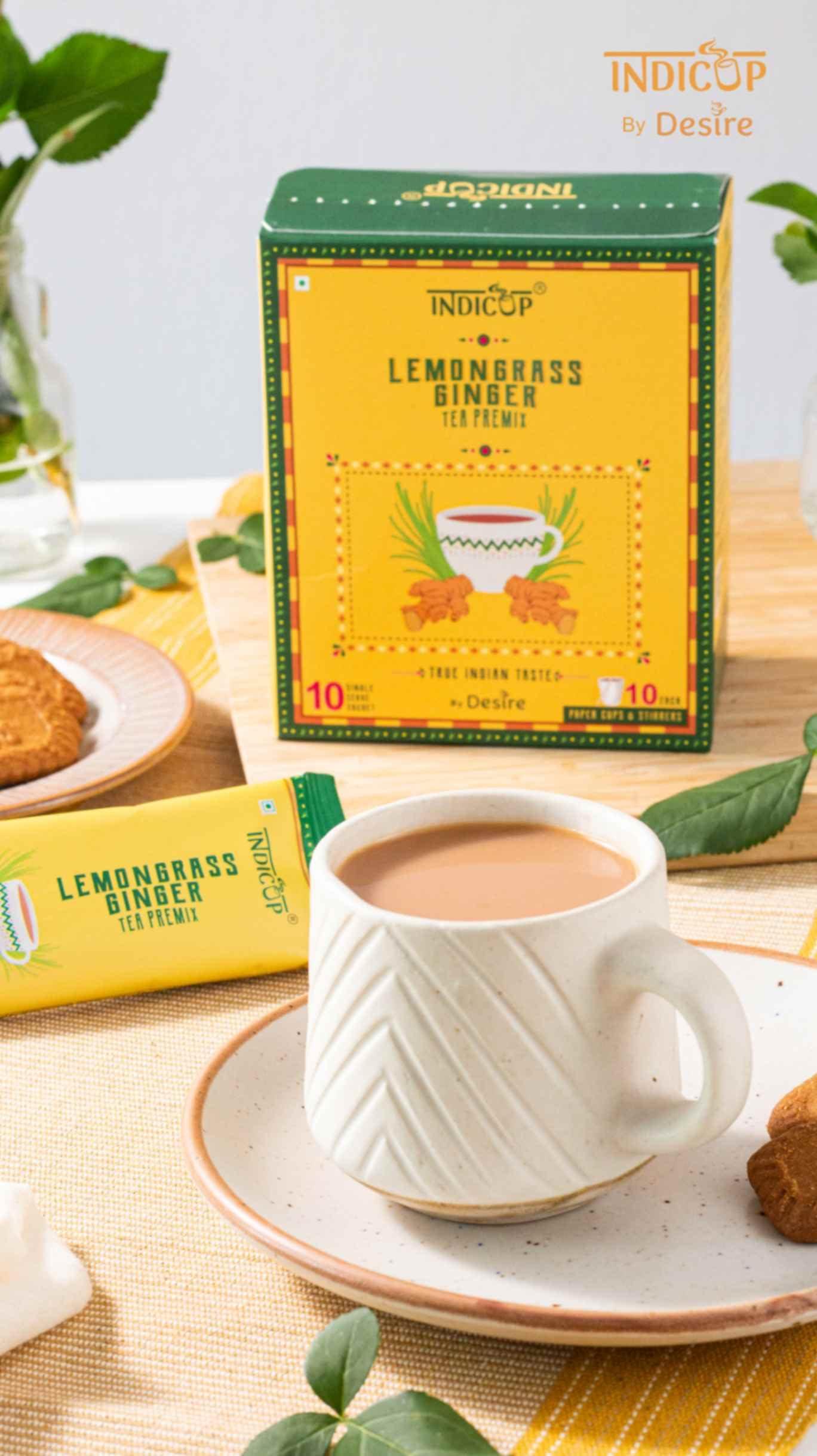 INDICUP Indicup Lemongrass Ginger Tea Instant Premix, Pack of 2-20 sachets (280gms), Instant tea mix, Refreshing taste (2 box - 10 sachets in each)