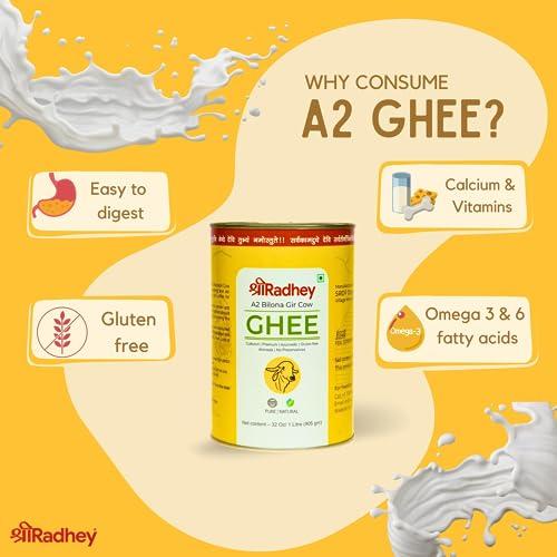 SHREERADHEY SHREERADHEY Gir Cow Ghee I A2 Bilona Traditional Bilona Method I 1 L Glass Bottle, 1.53 Kg
