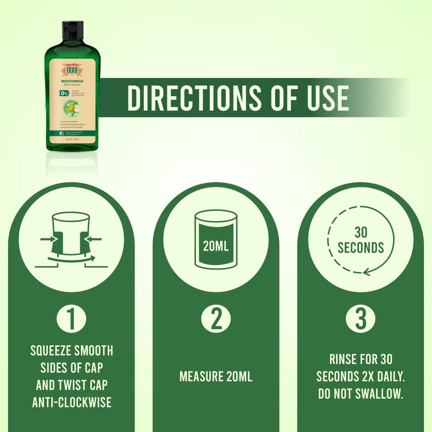 apollo NONI Apollo Noni Noni Toothpaste for Teeth Whitening & Cavity Protection (150g) and Mouthwash Liquid 0% Alochol For Teeth Cleaning, Antibacterial Mouthwash for Bad Breath | Removes Germ | 250ml