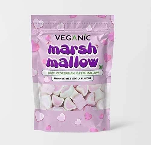 Veganic Veganic Marshmallows Pure Veg 50 Pieces Heart Shape Strawberry Vanilla Flavour Pink White Marshmallow Candy Soft And Tasty Candy Perfect For Kids Adults 100gm