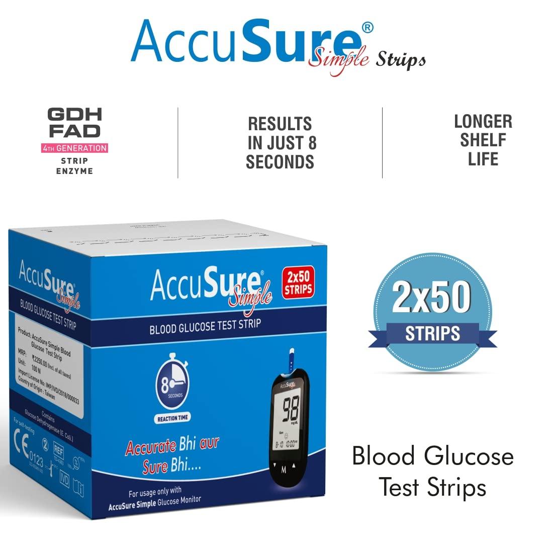 AccuSure AccuSure Instant Digital Simple Glucometer Kit With 100 Blood Lancet With Simple Strips 100 Tests For Accurate Blood Glucose Sugar Testing Machine