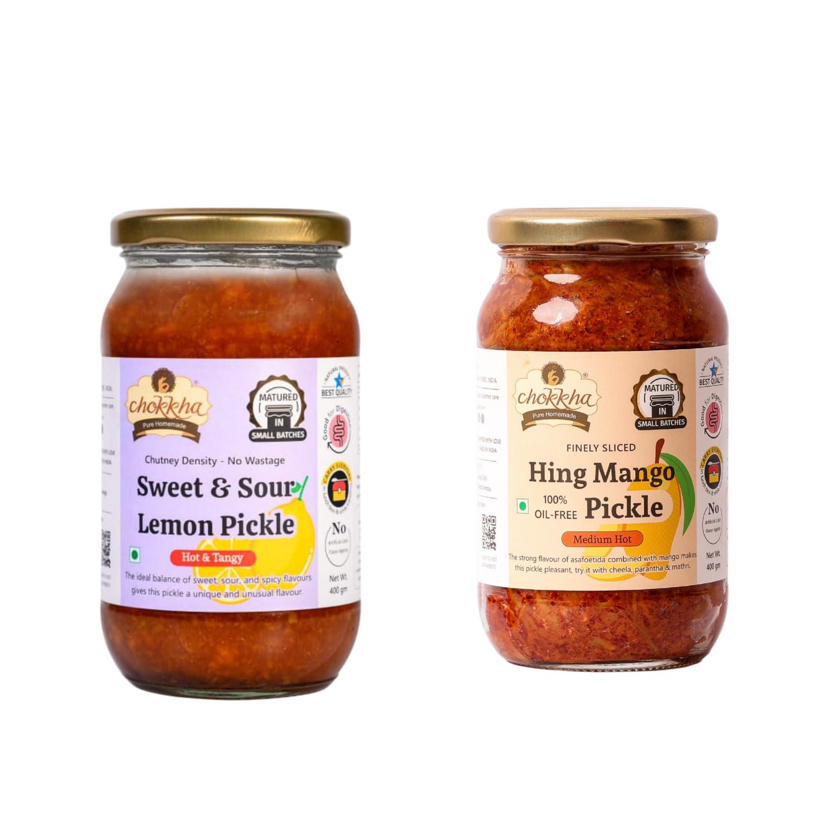 Chokkha Chookha Traditional Homemeade Hing Mango & Sweet & Sour Lemon Pickle (Hing Aam Khatta Metha Nimbu) | No colour Added | Vegan | 100% Oil-Free | Combo of 2 | 200 Gm Each