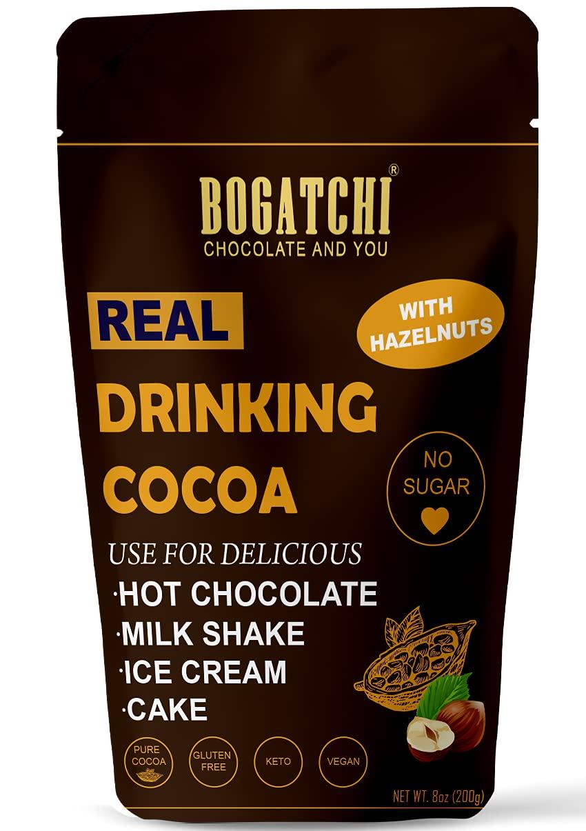 BOGATCHI BOGATCHI Real Drinking Cocoa with Hazelnuts |NO Sugar Drinking Chocolate | Tasty - Vegan - Gluten Free| Dark NO Sugar Drinking Chocolate | Cocoa Powder| 200g