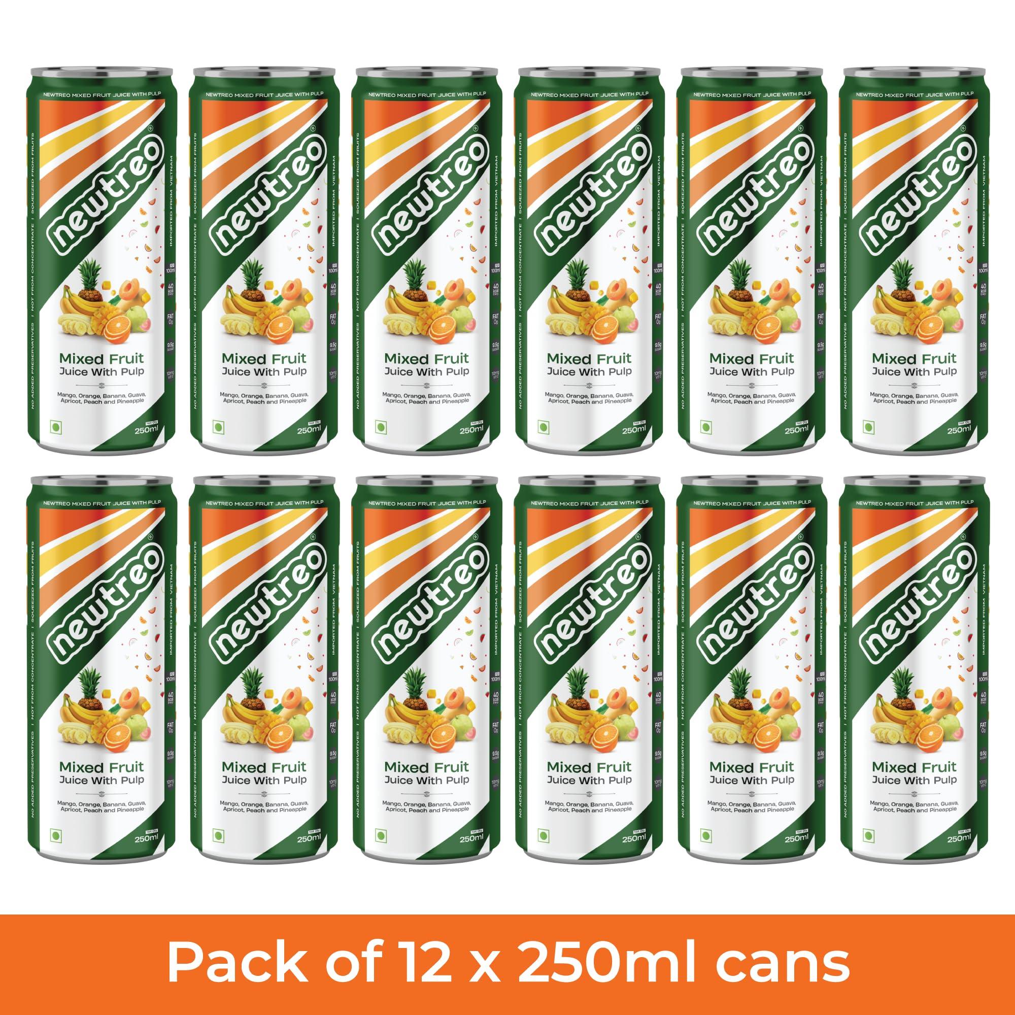 Newtreo Newtreo Mixed Fruit Juice With Pulp | Imported from Vietnam | Mango, Orange, Banana, Guava, Apricot, Peach & Pineapple Juice | 12 x 250ml cans | No Concentrates or preservatives added