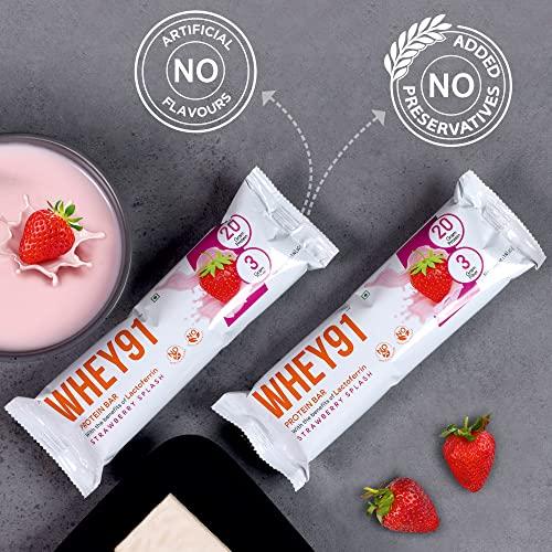 WHEY91 Whey91 Protein Bar | 20g Protein & 3g Fiber per Bar | Whey Protein |Immunity Booster Lactoferrin | No Artificial Flavours | Pack of 6 Bars- 360g (Strawberry Splash)