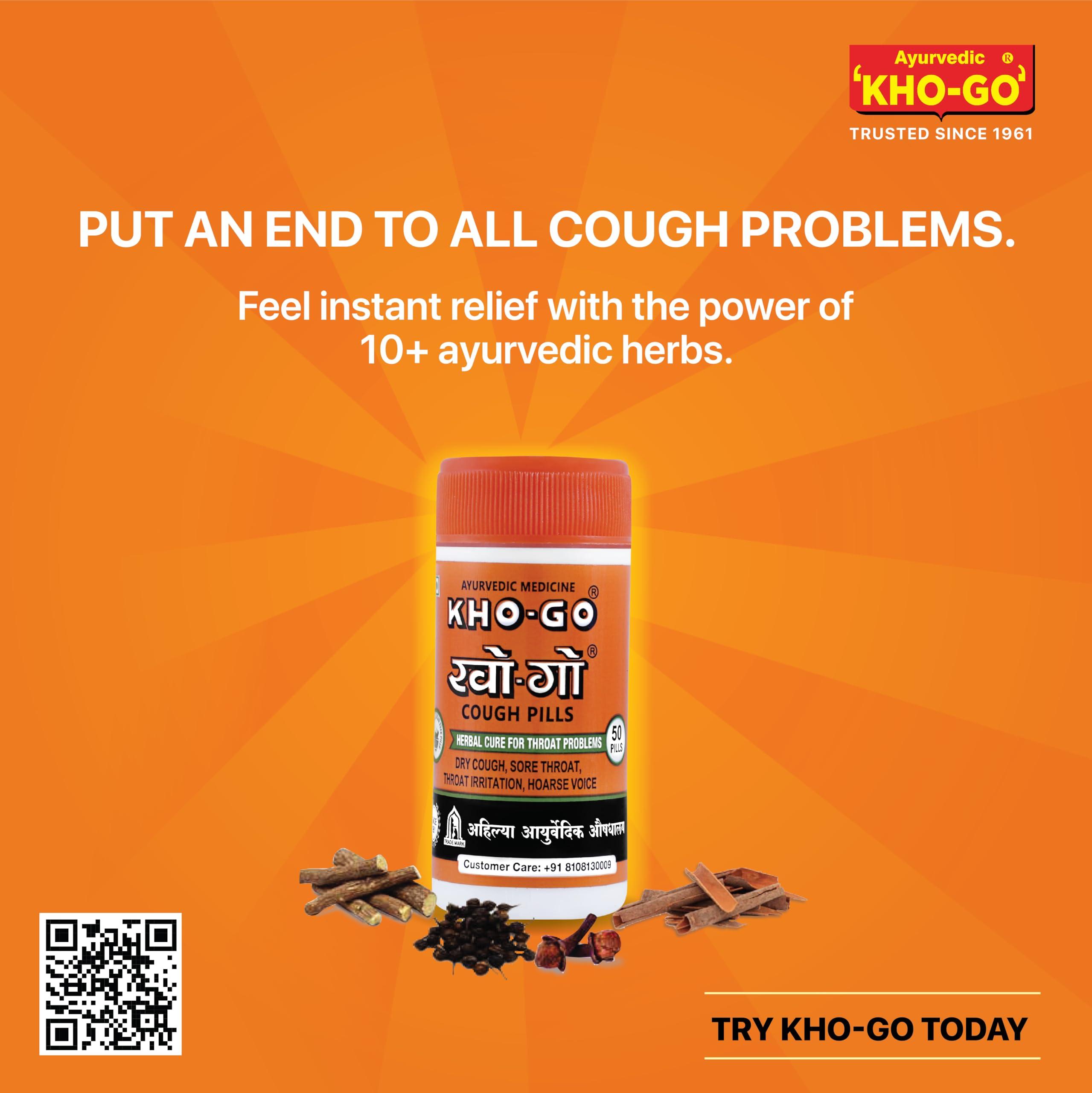 KHO-GO Khogo Pills For Cough & Sore Throat, Ayurvedic Tablets For Seasonal Cough & Bad Breath, 50 Pills in each Btl, 50 Tab, Pack Of 4