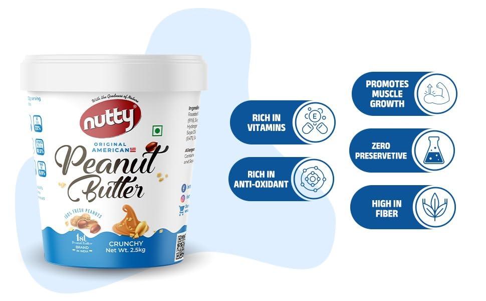 NUTTY NUTTY Goodness of Crunchy Natural Peanut Butter | Unsweetened & 100% Roasted Peanuts | No Added Sugar, Salt, or Hydrogenated Oils | High Protein Peanut Butter Crunchy | Gluten-Free & Vegan | 2.5kg Jar