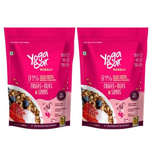 Yogabar Yogabar Muesli Fruit and Nuts - Wholegrain Breakfast Cereals with Oats and Dry Fruits, High in Omega 3, Gluten Free Vegan Granola with Chia and Flax Seeds (400g - Pack of 2)