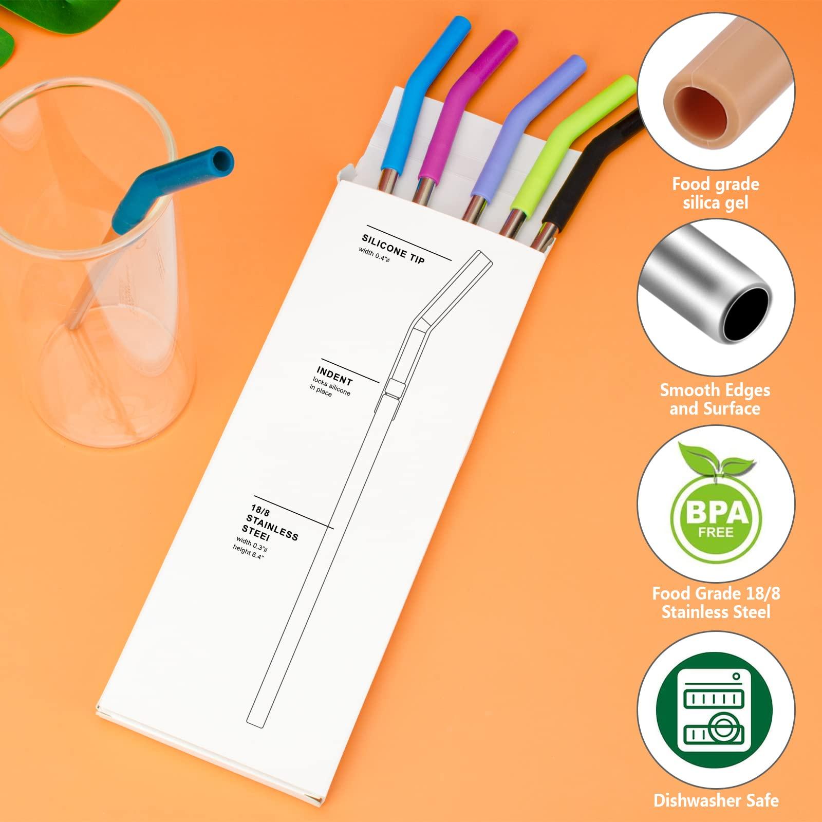 Zenbo Set of 6 Stainless Steel Reusable Metal Straws with Silicone Flex Tips Elbows Cover, 6 Steel Straws,6 Silicone Tips,1 Straw Cleaning Brush