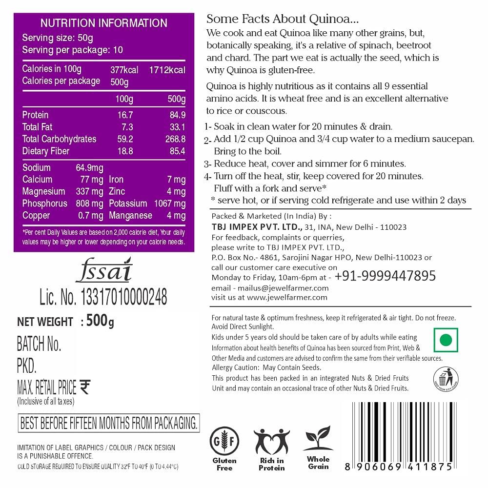 JEWEL FARMER JEWEL FARMER Tricolour Quinoa Gluten-Free Whole Grain with Rich Dietary Fibre, Protein & Calcium, Alternative to Rice & Couscous (500g)