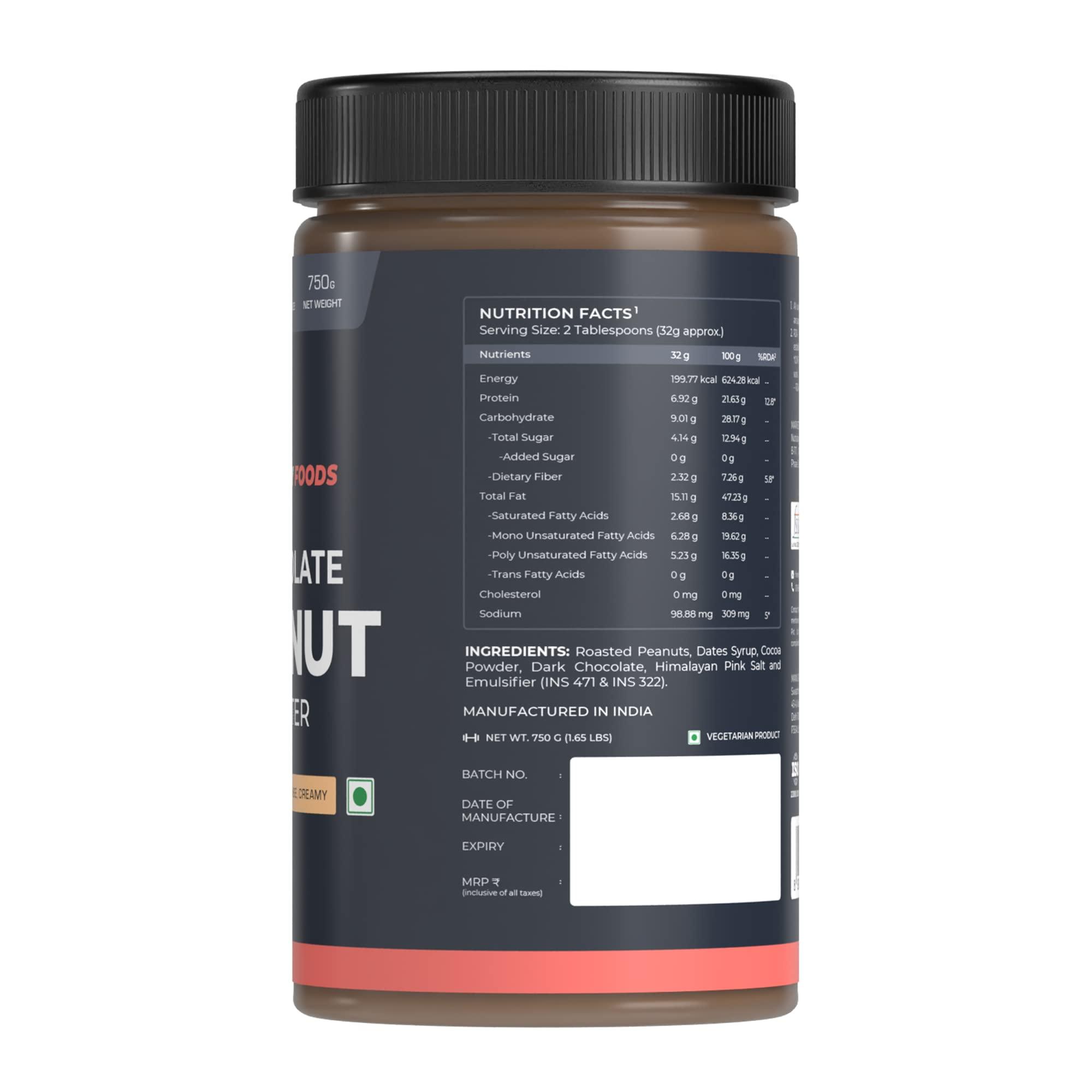 Nutrabay Nutrabay Foods Peanut Butter (Creamy) - Chocolate Intense, 750g | 100% Roasted Peanuts, 22g Protein, Zero Cholesterol, Vegan, Gluten Free, Non GMO