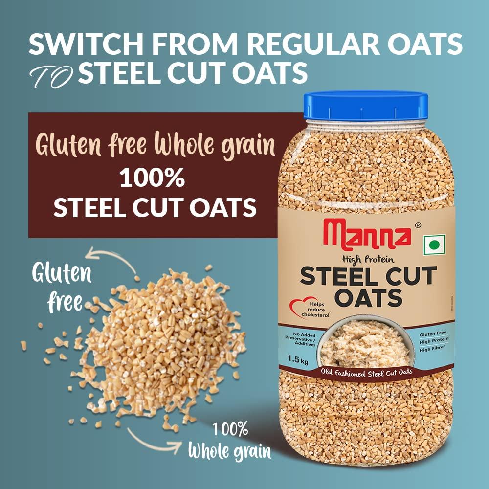 Manna Manna 100% Steel Cut Oats 3kg | Gluten Free | Diabetic Friendly | High Protein & Fibre 3kg (Pack of 2)