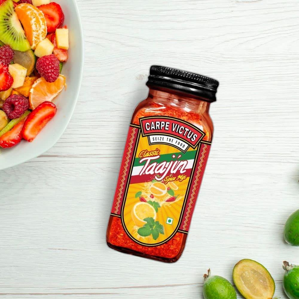 CARPE VICTUS Carpe Victus Jain Tajin Spice Mix 100 gms, No Onion No Garlic Taajin Spice Seasoning for Juices, Fruits, Cocktails, Vegetables, Snacks, Chilli Lime Masala Mix for Drinks, Premium Mexican Masalas