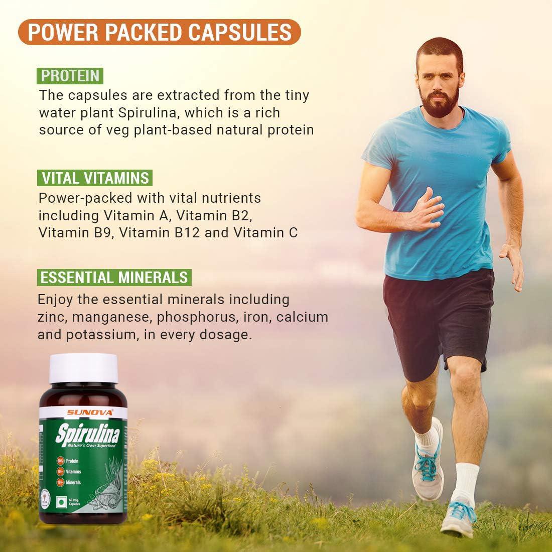 SUNOVA SUNOVA Spirulina Capsules - Natures Own Superfood and Nutritional Supplement, full of Protein,Vitamins & Minerals 60 Capsules (Pack of 2)