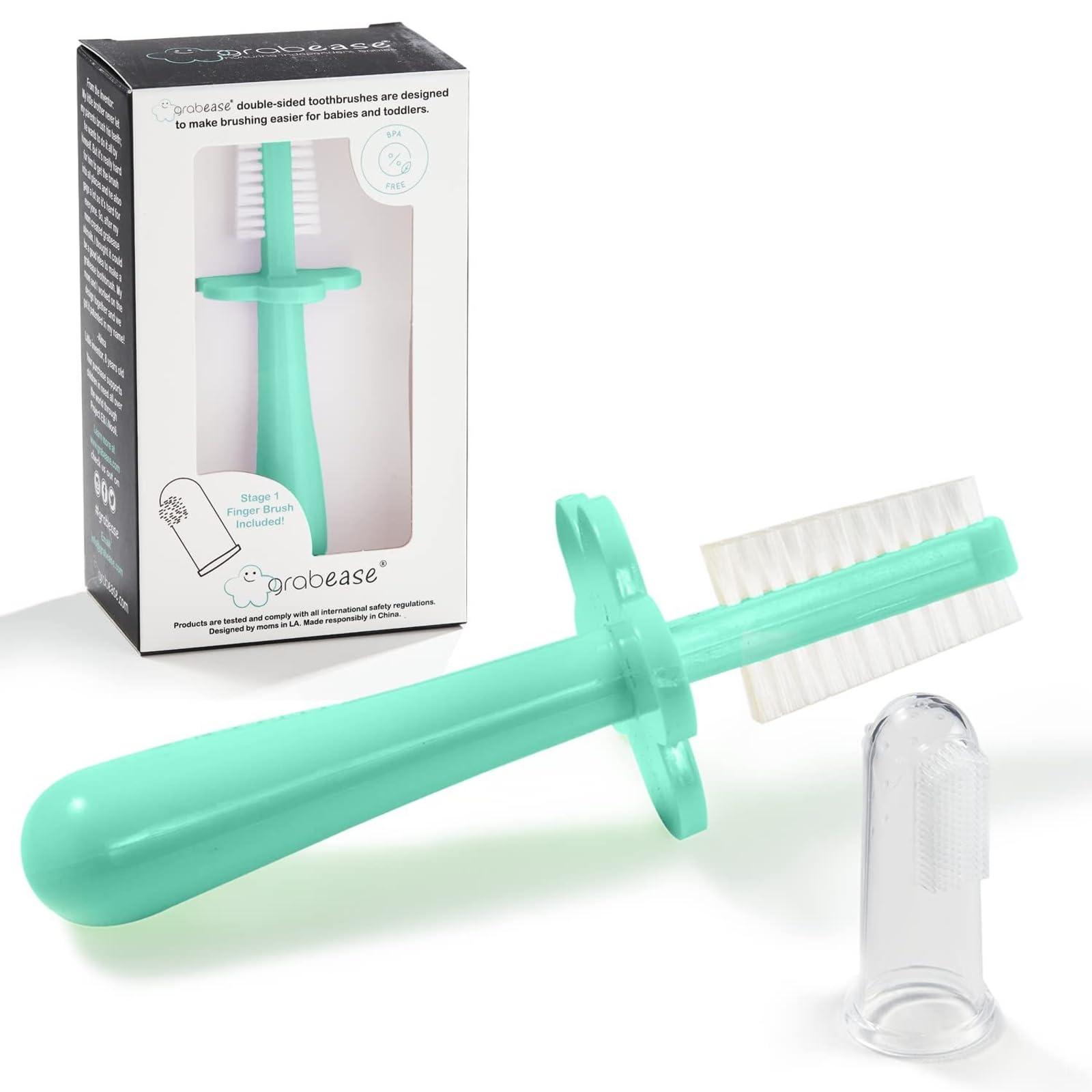 grabease Grabease Double Sided Toothbrush Baby Toothbrush for 6 Months to 4 Years Old with Soft Bristles BPA-Free Toddler Toothbrush with Anti-Choke Guard Includes Free Finger Brush, Grey