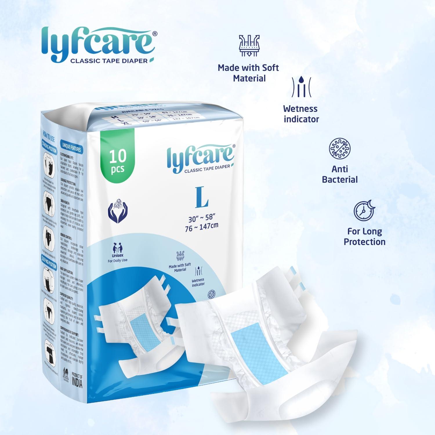 lyfcare Lyfcare Open Tape Adult Diaper Large Size (L) - 60 Units (Pack of 6) | Unisex Diapers Open Tape | Waist (76-147 cm) | Wetness Indicator, Super Absorb, 360 Protection & 0% Leakage | for Men & Women