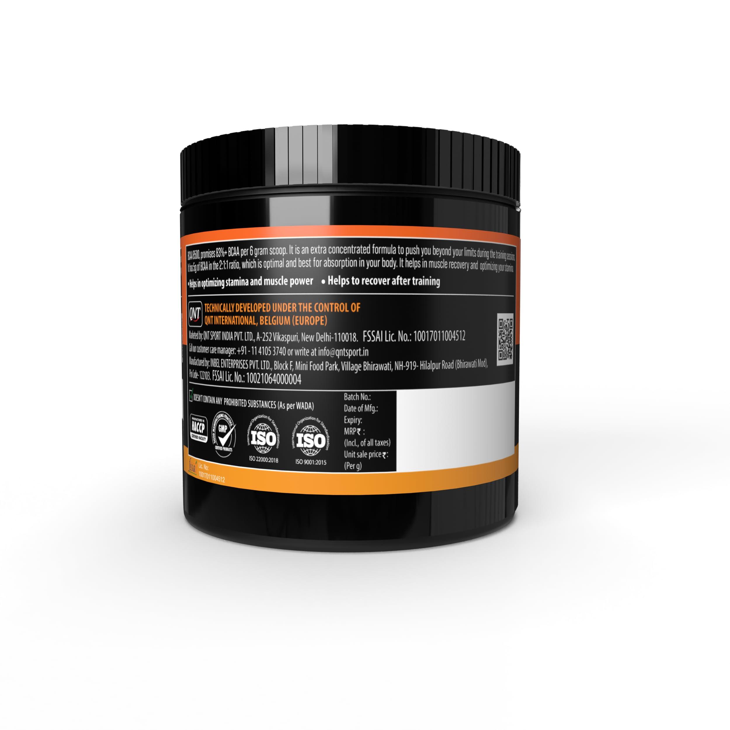 QNT QNT BCAA 8500 | 180g | 30 Servings | Naval Orange Flavour | 2500mg L-Leucine, 1250mg L-Isoleucine, 1250mg L-Valine | Hydration & Muscle Recovery Supplement | Pre/Post Workout for Strength & Stamina