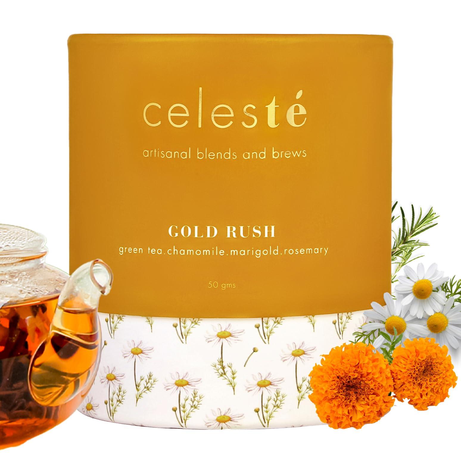 Celeste Celeste Green Tea GOLD RUSH  Premium Whole Leaf, 100% Natural Ingredients Chamomile, Marigold, Rosemary and Green Tea, 50gm - 20 Cups