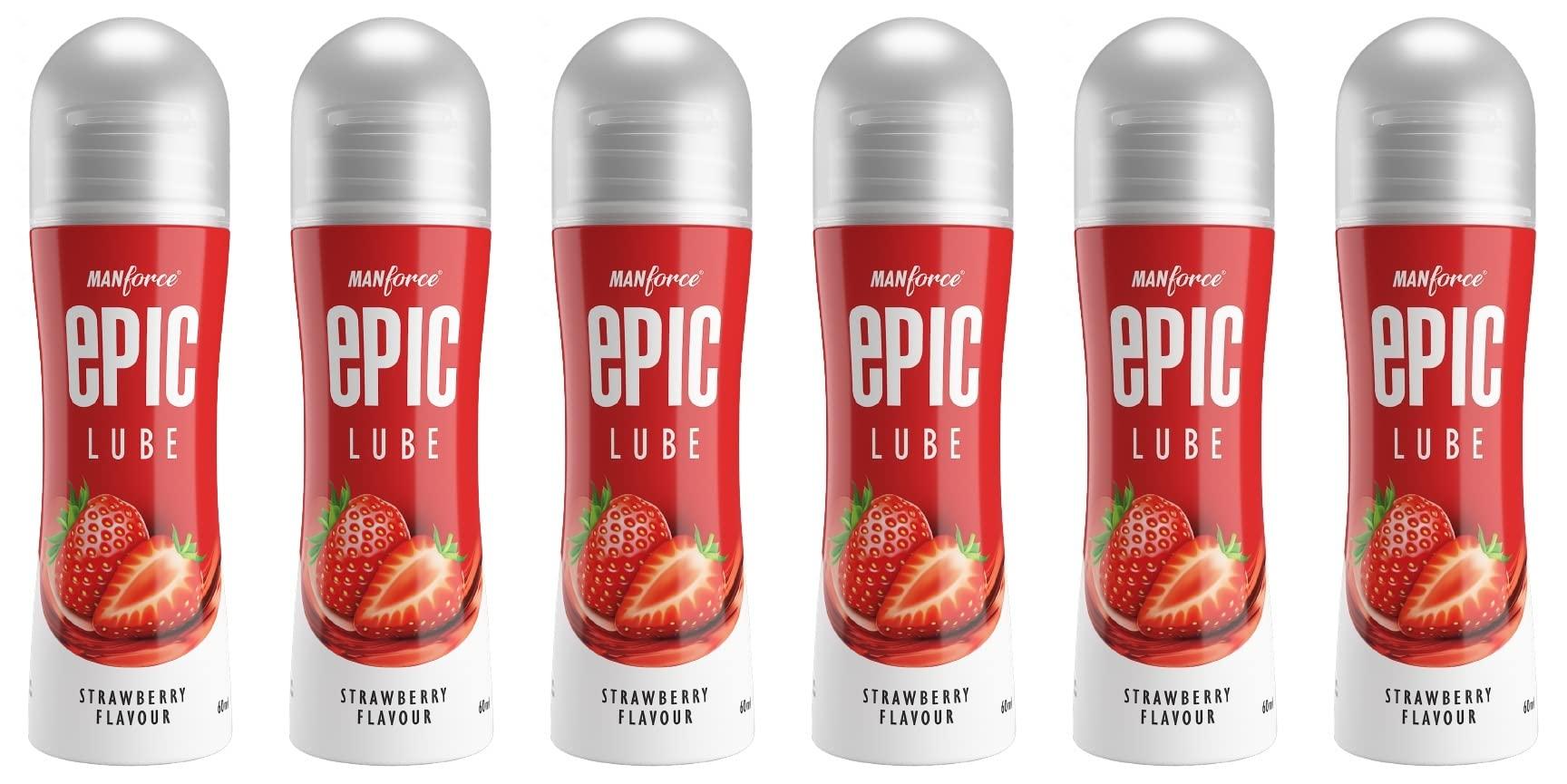 Manforce Epic Lube, Strawberry Flavoured Lubrication Gel for Men & Women, Water-Based Gel, Skin-Friendly, Safe to Use with Condoms, 60ml x 6