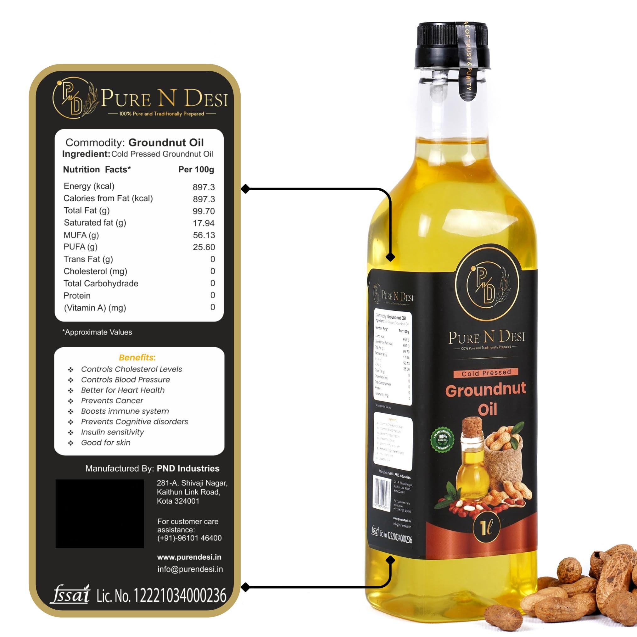 PURE N DESI PURE N DESI Cold Pressed Groundnut Oil 500 ml | Wood Pressed Peanut Oil | Mungfali Ka Tel | Kachi Ghani Groundnut Cooking oil 500 ML