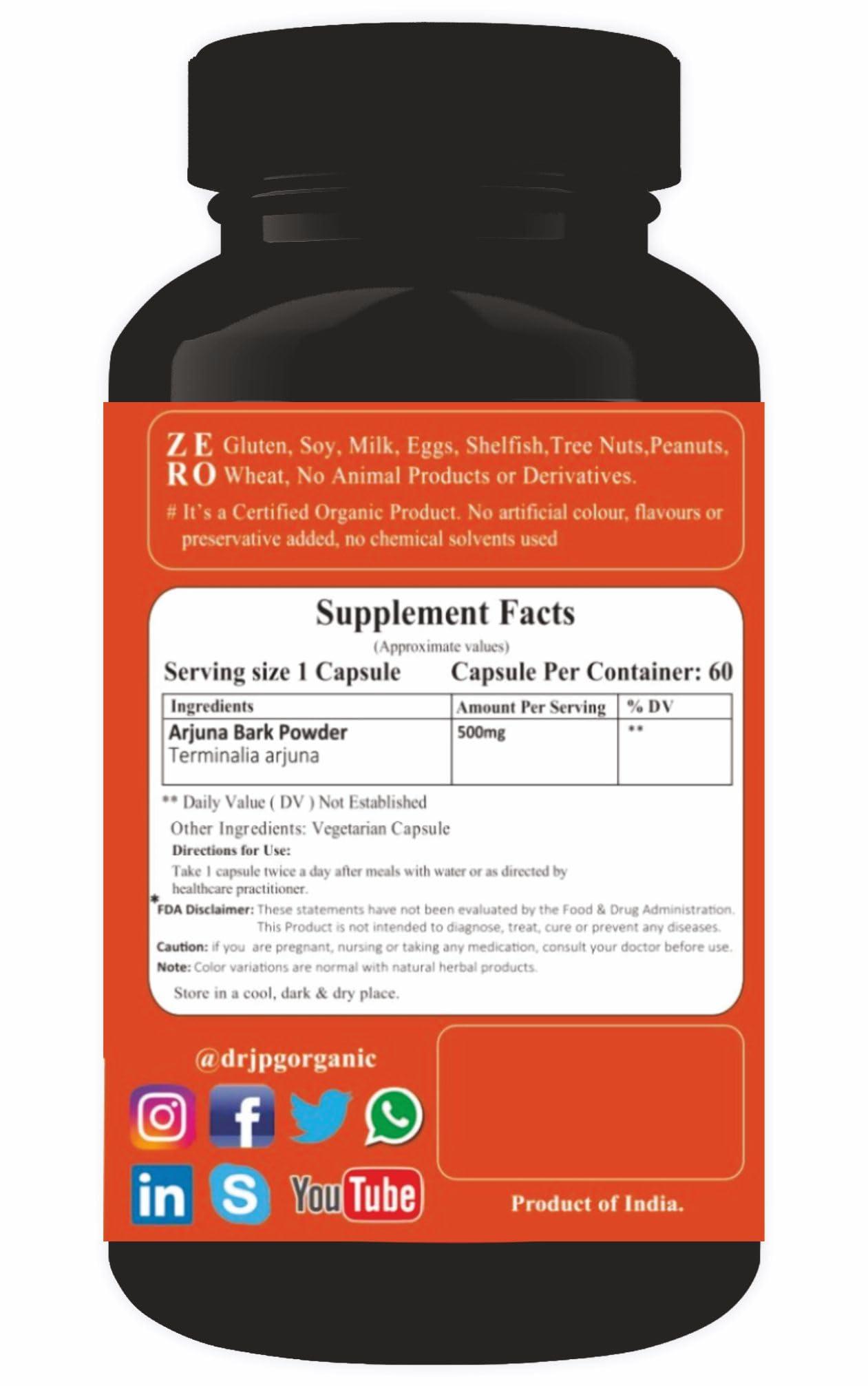 NAPP MART Dr. JPG Organic Arjuna Bark 60 veg Capsule for Heart wellness/India Orgnaic Certified.