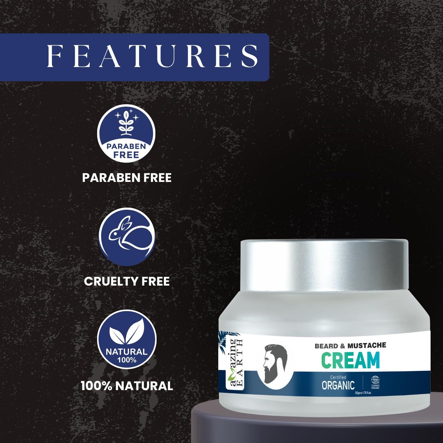 AMAzing EARTH AMAzing EARTH Certified Organic Beard Mustache Cream for Men - 100% Natural, Shea Butter, Olive, Patchouli & Godel Jojoba Oil, Beard Hair Growth, Sulphates & Parabens Free and Cruelty Free, 50gm