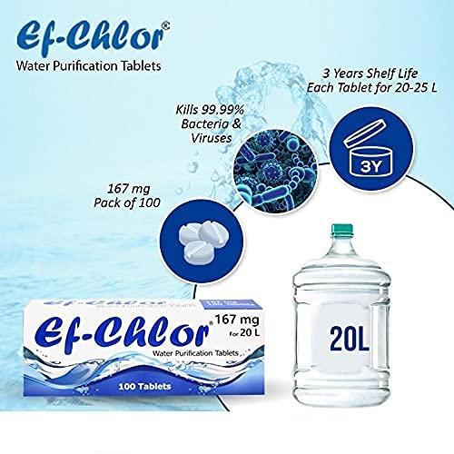 Ef-Chlor Ef-Chlor 167 mg Water Purification Tablets/NaDCC Tablet / 100 Tablets Pack/Rapidly Effective Against Bacteria, Viruses, and Spores/Purifies 20 Liters of Drinking Water per tablet
