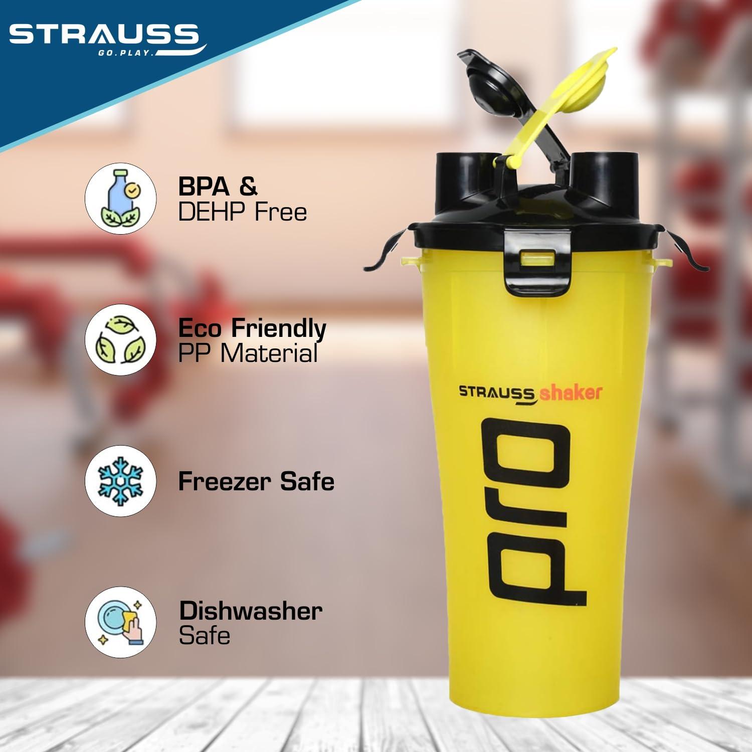STRAUSS STRAUSS Dual Shaker Pro | Pre & Post Protein Shake On the Go | Leakproof and BPA-Free Material | Dual Shaker Bottle | Protein Shaker Bottle for Gym | Suitable for Both Men and Women, 700ml,(Yellow)