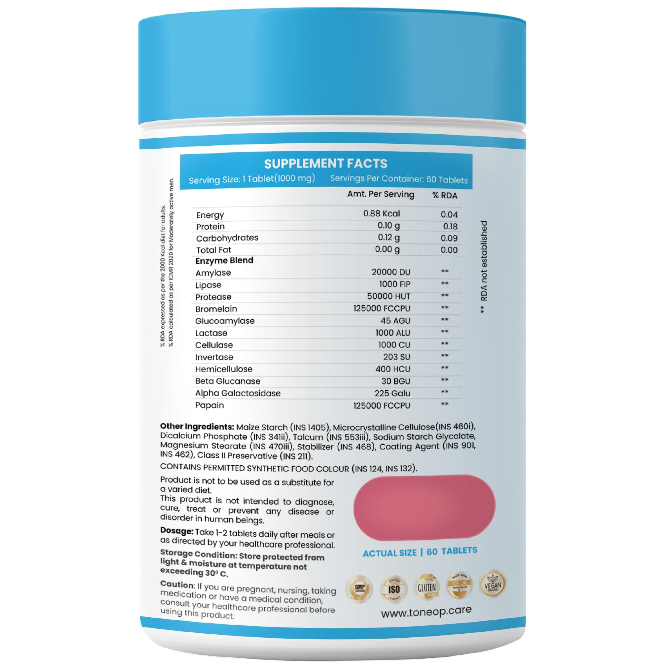 ToneOp Care ToneOp Care Digest 360 - Improves Digestion & Relief From Bloating | Helps in Reducing Acidity | With a Powerful Blend of 12 Enzymes | For Complete Digestive Care | 60 Tablets