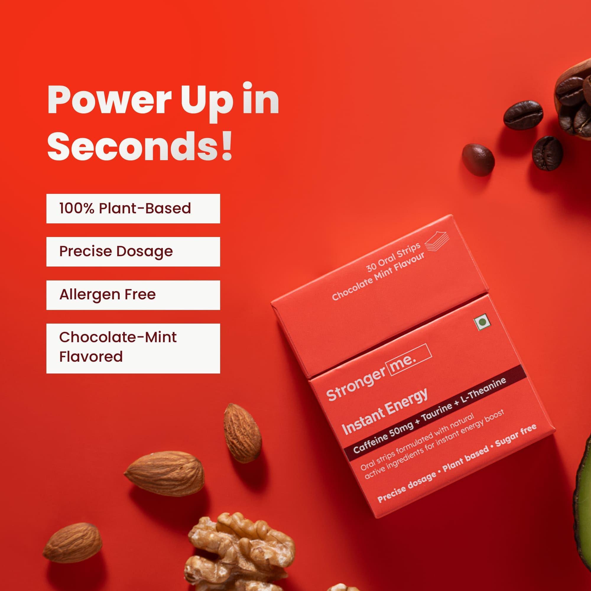 Stronger me. Stronger Me Energy Supplement with Plant Based 50 mg Caffeine, Taurine, L-Theanine, Vitamin B5, B6, B9, B12 for Enhanced Performance and Reduced Fatigue. Ideal for Pre-Workout and Sports Activities | Chocolate Mint Flavor | 30 Oral Strips.