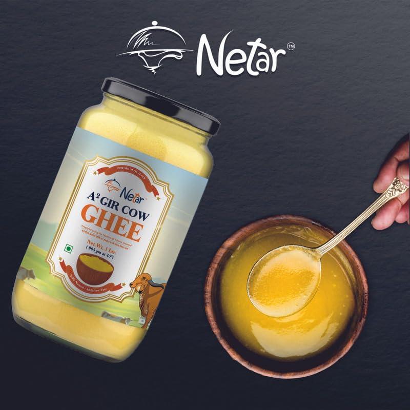 NETAR Netar Pure A2 Gir Cow Ghee 1 Ltr (Pack Of 2) | Vedic Bilona Two Way Hand Churned | Indiand Gir Cow Ghee, Natural & Healthy,| No Added Colour and Preservatives, | 1 Litre (Jar Pack Of 2).