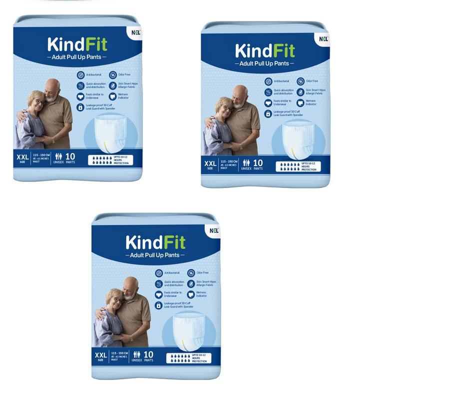 KINDFIT Kindfit Premium Adult Diaper Pants, XXL 115-150 Cm (45"- 61"), Unisex, Leakproof, Elastic Waist, Wetness Indicator, Pack of 3, 30 Count