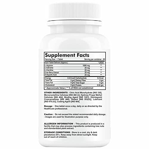 GNL GNL L Arginine 1000mg Nitric Oxide Supplement with l carnitine, L Citrulline, D-Aspartic acid & Cranberry Powder Extract | Essential Amino Acids| Powerful NO Booster - 60 Veg No Sugar Tablet