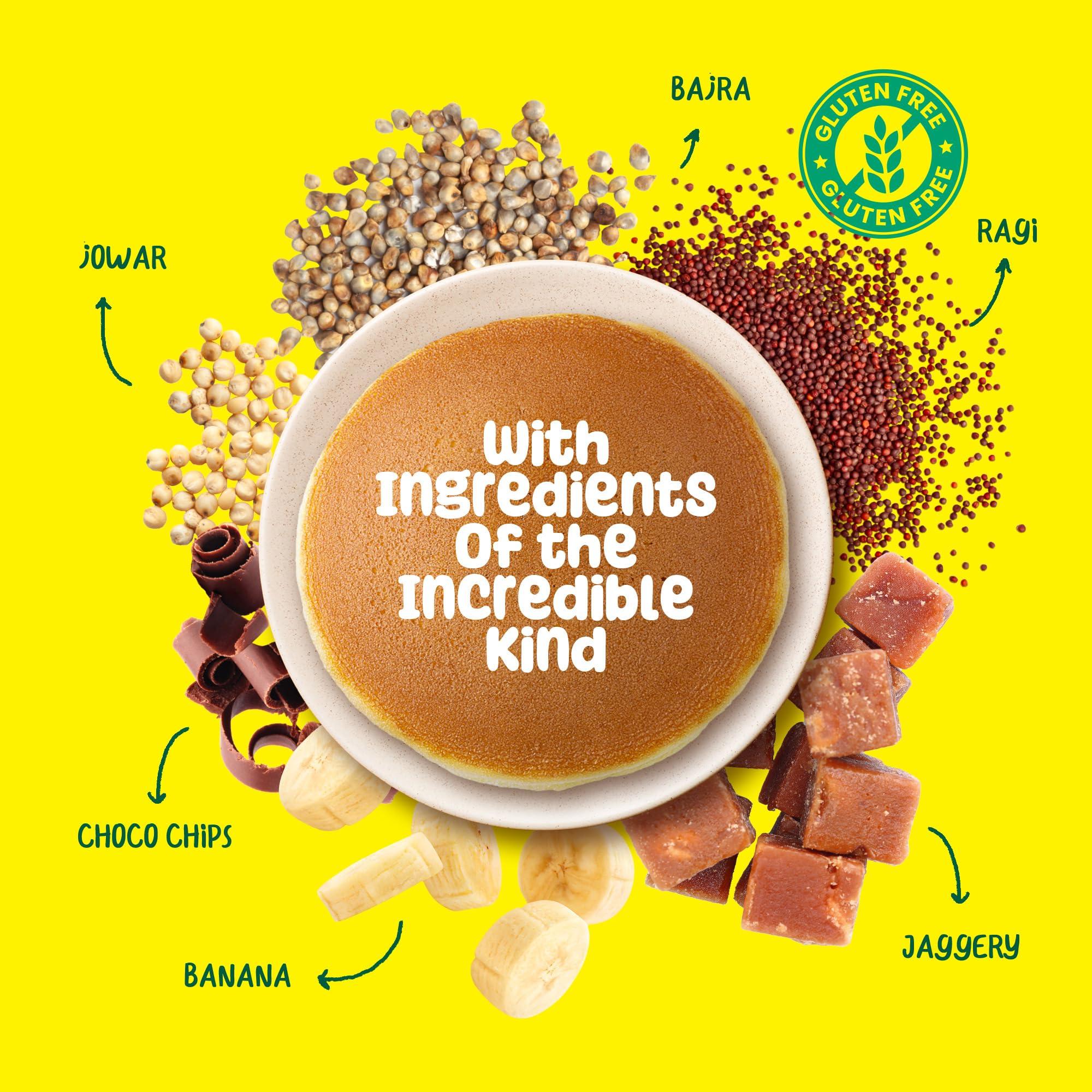 Yogabar Yogabar Pancake Mix,Chocolate & Banana Choco Chip Pan Cake Mix Powder,0 Maida,0 Preservatives,Goodness of Jowar,Oats,Bajra,Ragi,Healthy Breakfast for Children, Easy to Make Breakfast,150g x Pack of 4