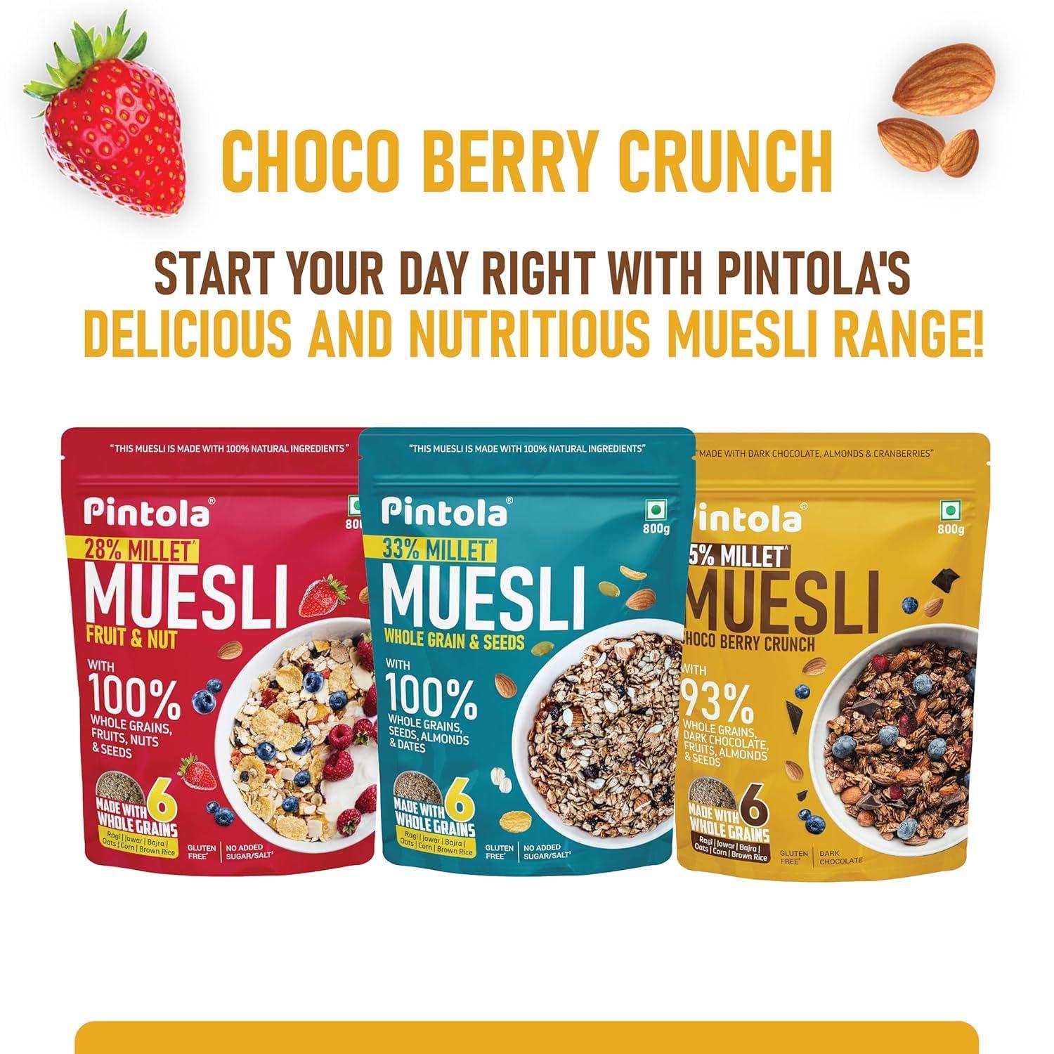 Pintola Pintola Dark Chocolate & Cranberry Muesli with 25% Millet & 60% Wholegrains 400g, Cereals for Breakfast with 6 Varied Nuts & Seeds, No Preservatives, High Protein Muesli, Fibre Rich, Cholesterol Free