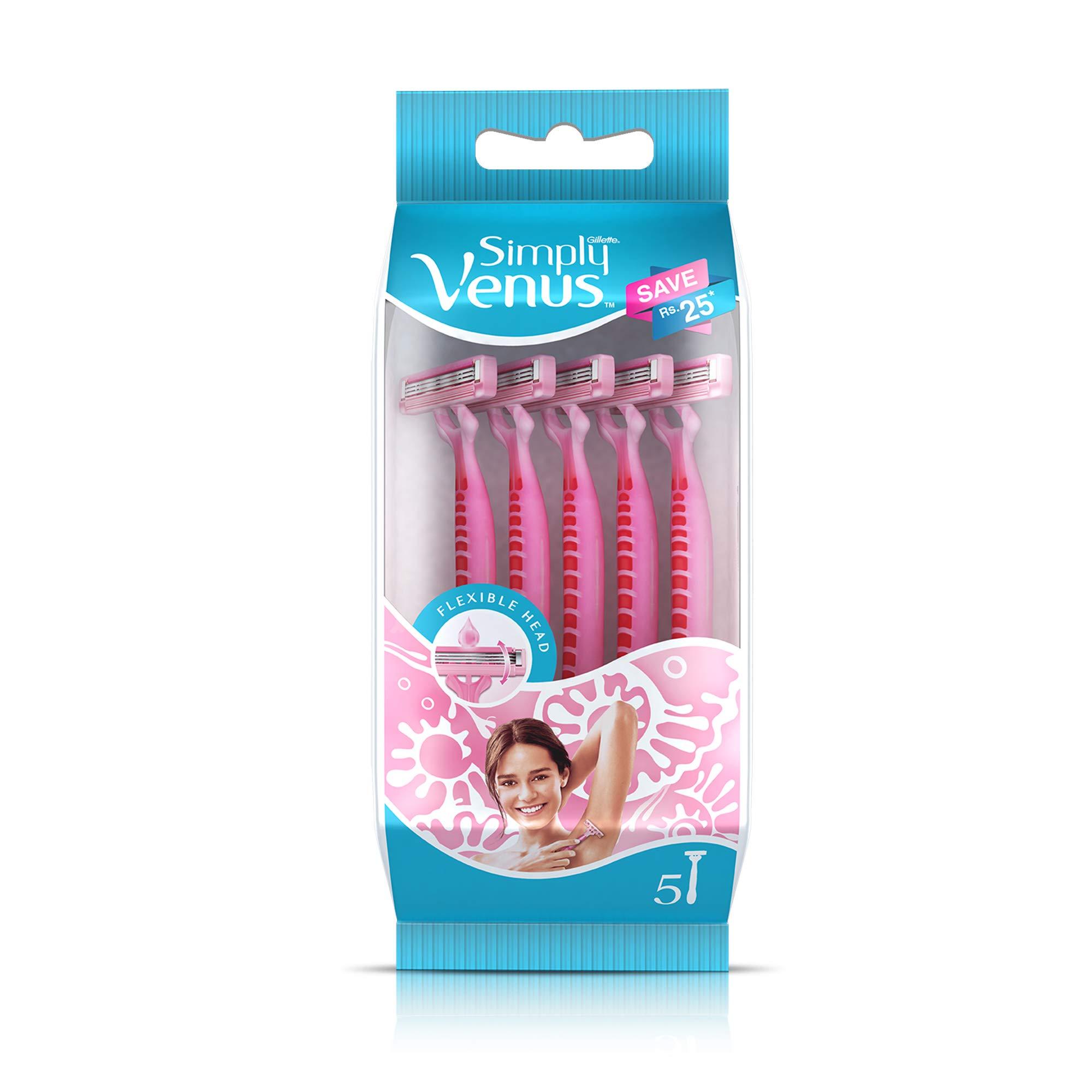 Gillette Venus Gillette Venus Hair Removal Razor Blades/Refills/Cartridges for Women - 4 Pieces (Aloe Vera Glidestrip) & Gillette Venus Simply Venus Pink Hair Removal for Women - 5 razors (B4G1)